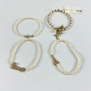 Lot of 4 Faux White Pearl Stretch Layering Bracelets Love Paris Eiffel Tower